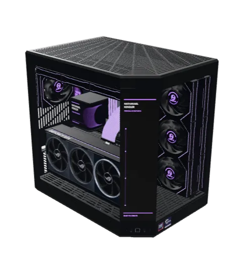 My PC, with glass panels, purple lighting, a vertical graphics card, and a portrait display.