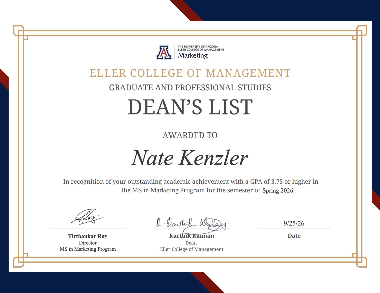 Eller College of Management Dean's List certificate, Spring 2026