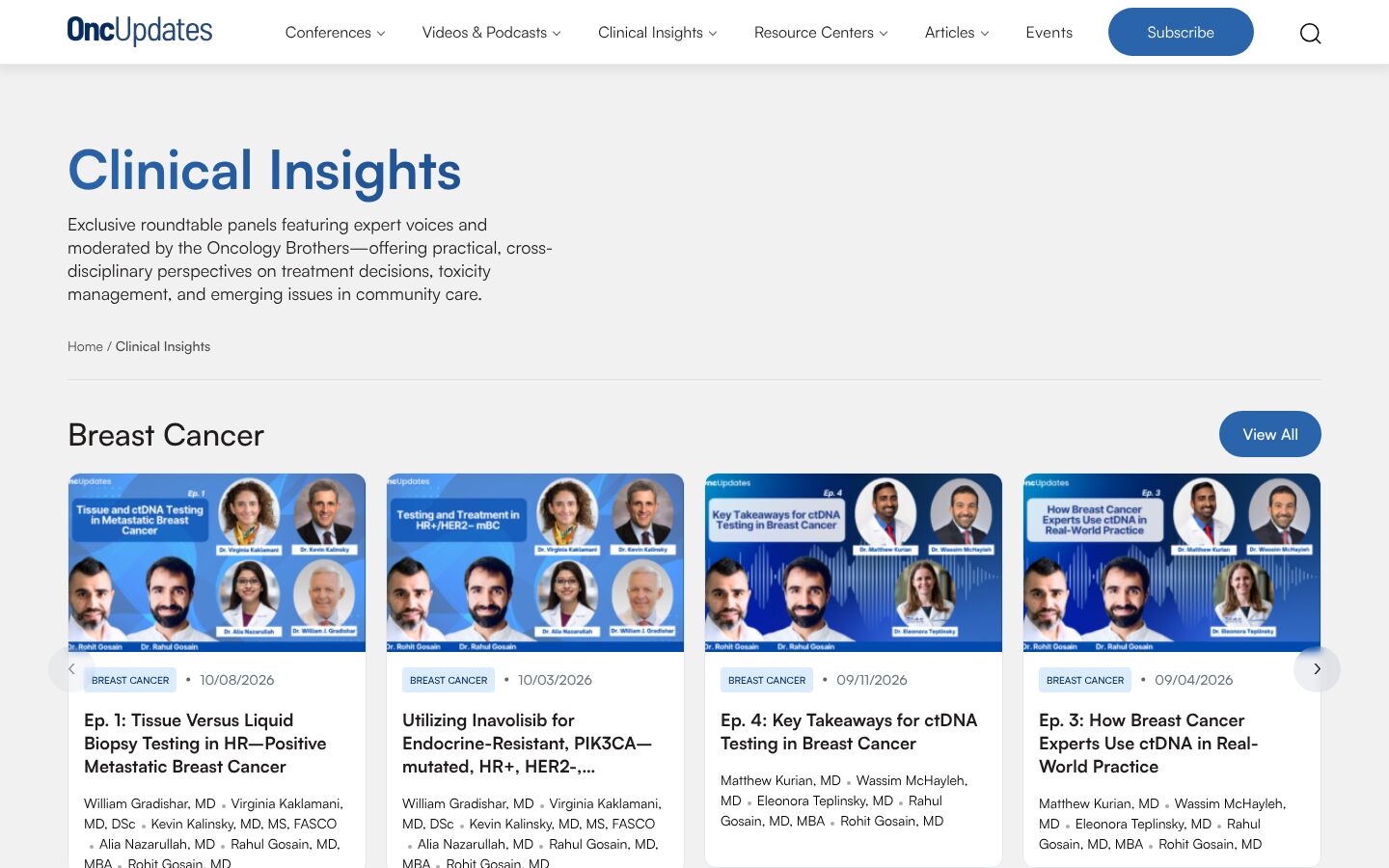 OncUpdates clinical insights page with a breast cancer episode carousel