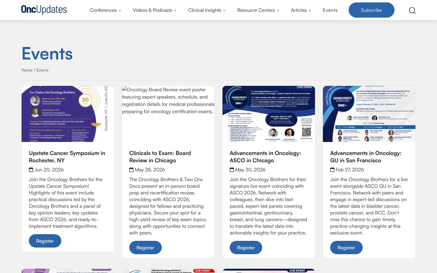 OncUpdates events page with event cards and register buttons